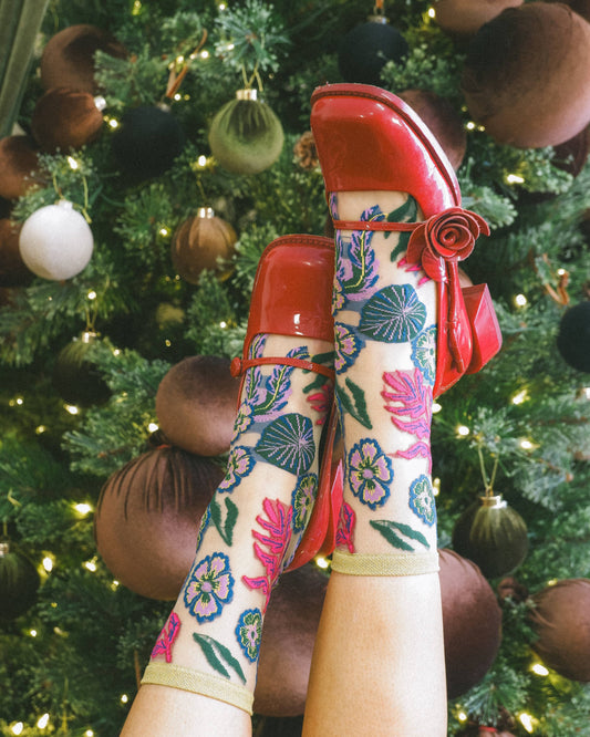 Festive Floral Sheer Crew Sock