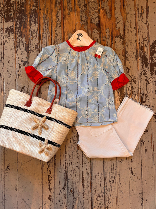 Red Detail Embroidered Top