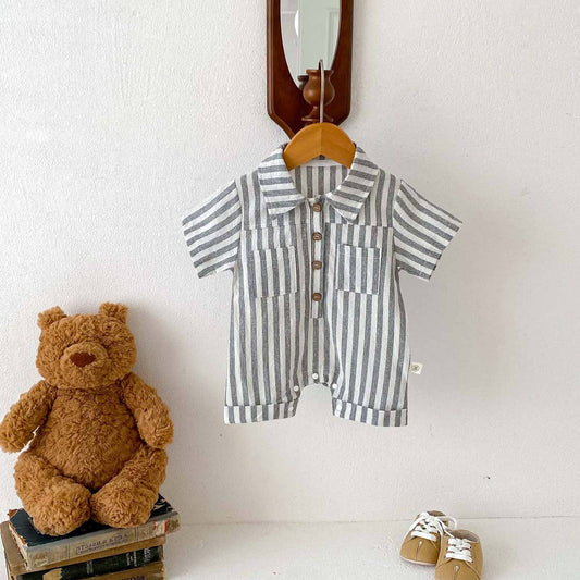 Striped Turn-Down Collar Romper